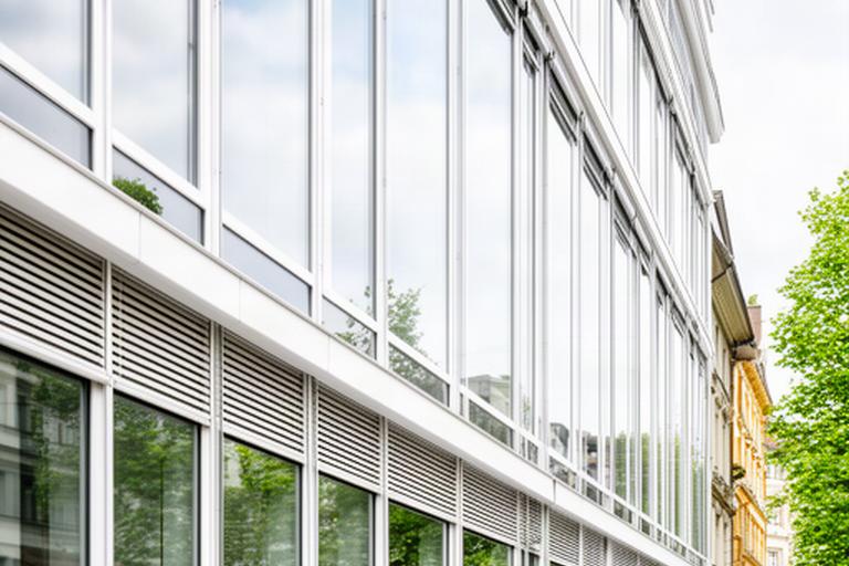 Frisch gereinigte grosse Fensterfront eines Zürcher Geschäftsgebäudes mit einwandfreiem Glas und gepflegten Storen