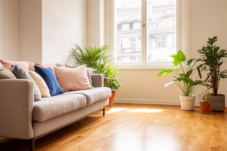 Gepflegtes Zürcher Wohnzimmer mit Sofa, Holzboden und grossem Fenster, bereit für die Haushaltsreinigung